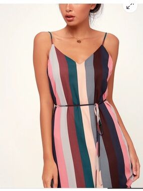 Erina Mauve Multi Stripe Belted Midi Slip Dress L from Lulu’s